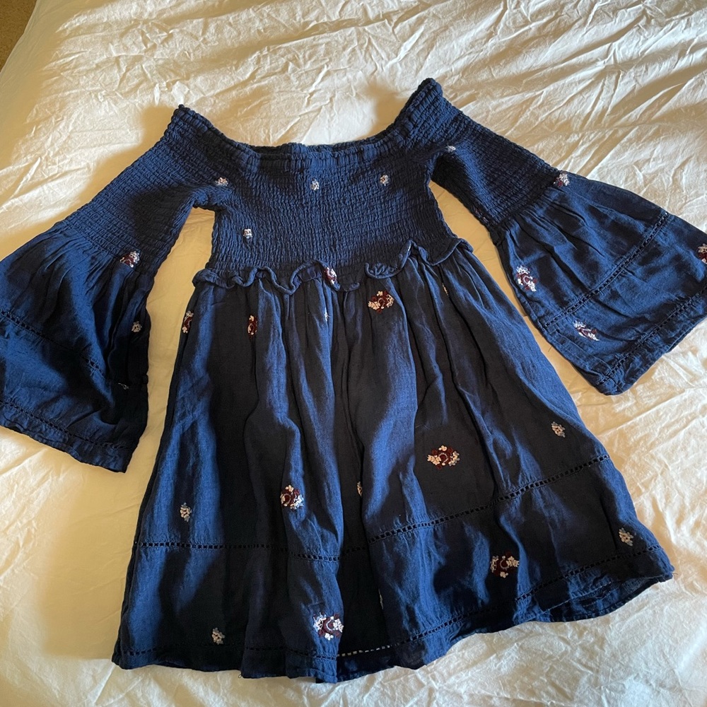 Free People Navy Blue Counting Daisies Off The Shoulder Dress